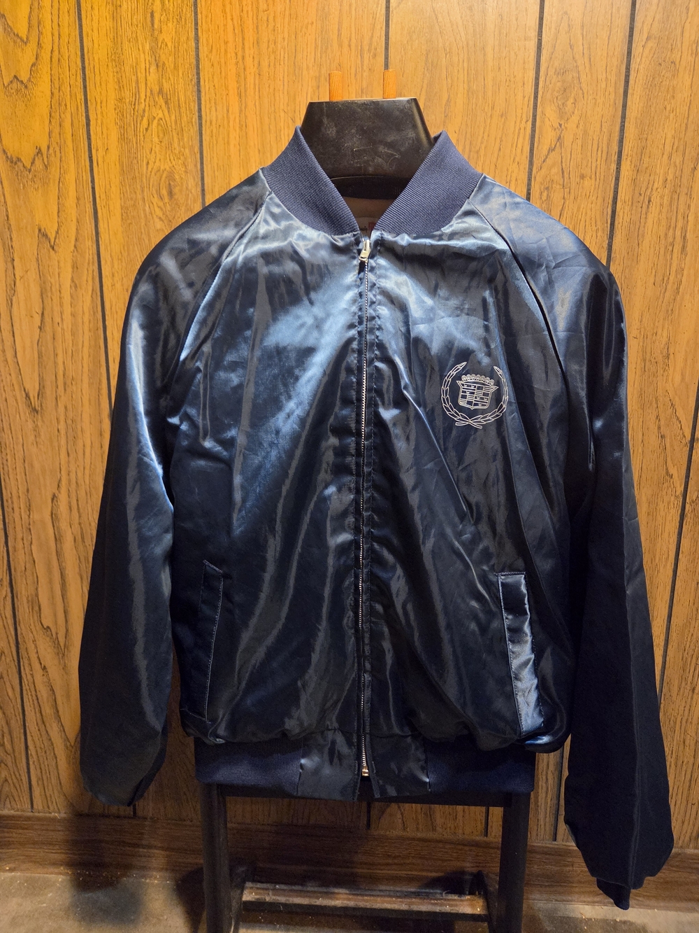 Navy Satin Bomber Jacket with Cadillac Logo Large Vintage 80s King Louie Made US